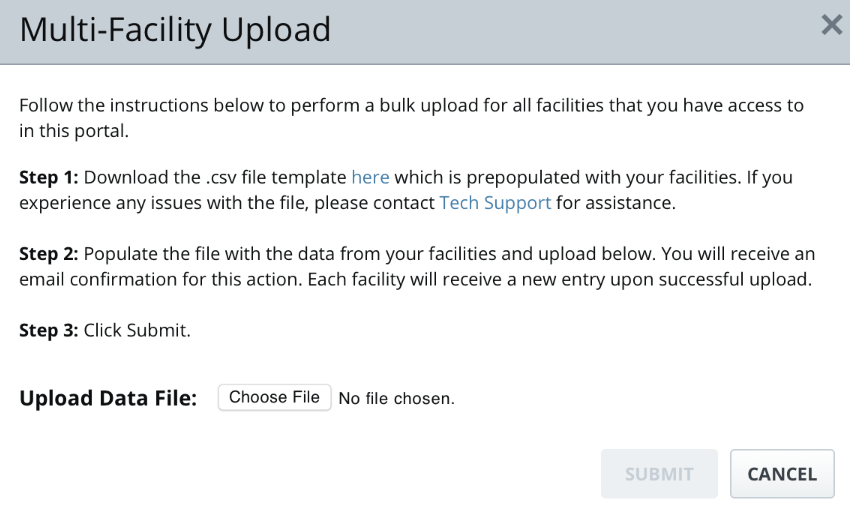 Multi-Facility Upload dialog box with Choose File button.