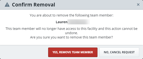 Confirm Removal dialog box showing Yes, Remove Team Member button.