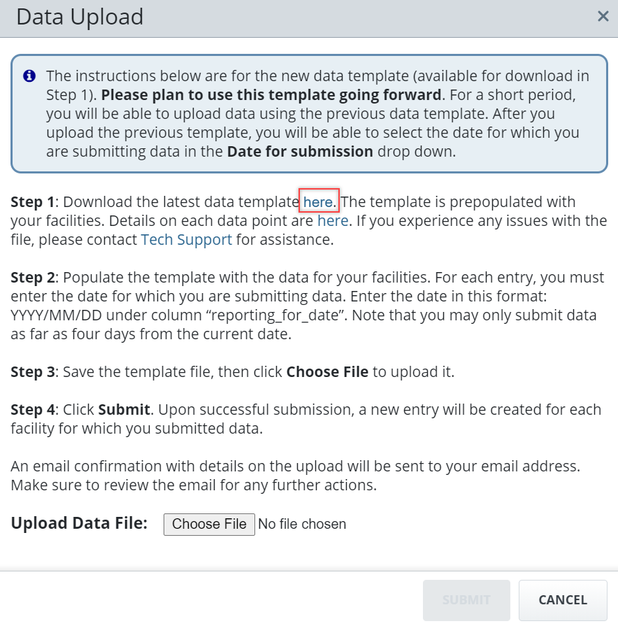 Data Upload dialog box showing link to download the data template.