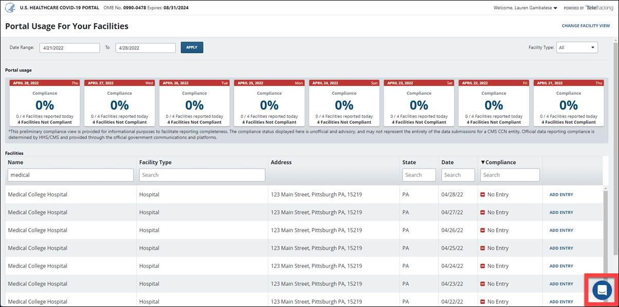 Telebot icon on Portal Ssage For Your Facilities screen