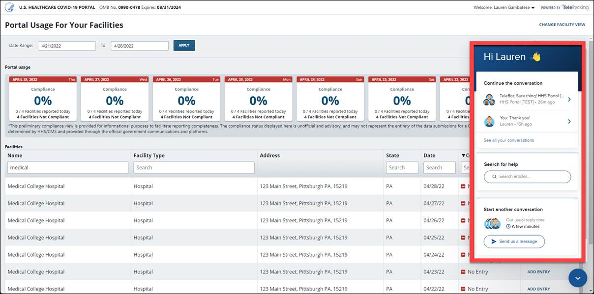 Telebot Window in front of Portal Usage For Your Facilities screen