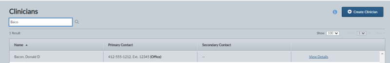 Select View Details in the last column to view clinician details.